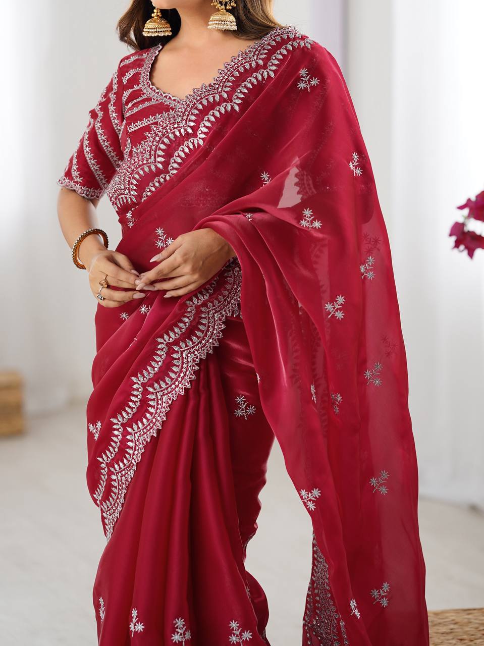 Women's Elegant Regal Purple Georgette Saree with Intricate Silver Thread & Sequin Embroidery – Complete with Embellished Blouse Piece for Festive & Party Wear - Image 21